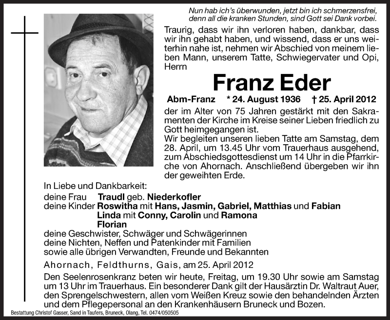  Traueranzeige für Franz Eder vom 27.04.2012 aus Dolomiten