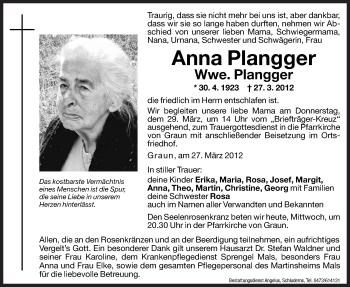 Traueranzeige von Anna Plangger von Dolomiten