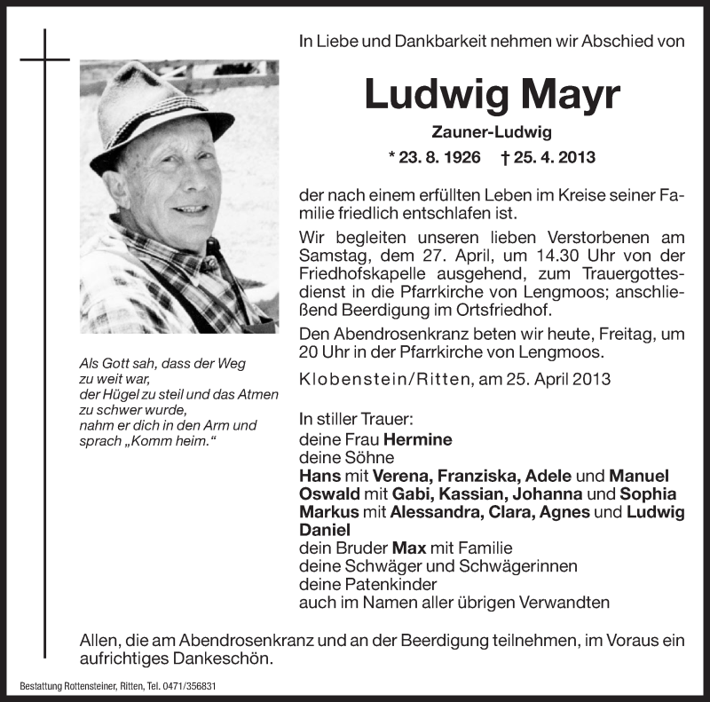  Traueranzeige für Ludwig Mayr vom 26.04.2013 aus Dolomiten