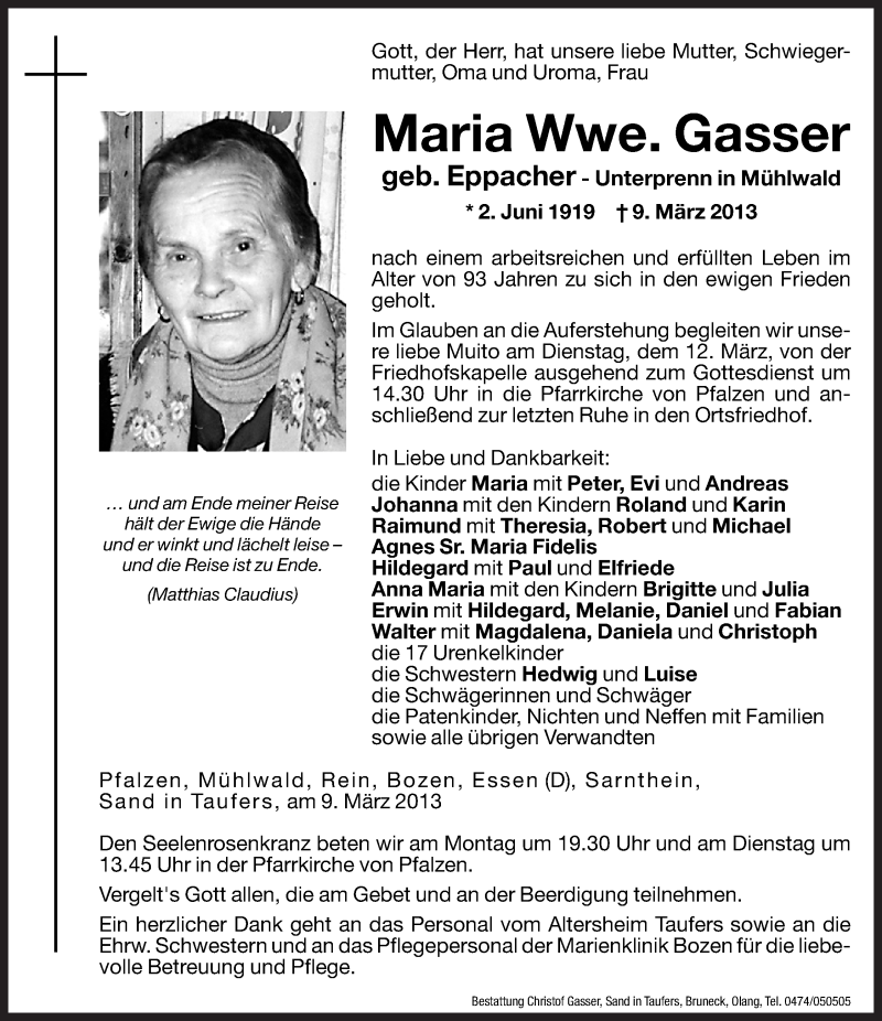  Traueranzeige für Maria Gasser vom 11.03.2013 aus Dolomiten