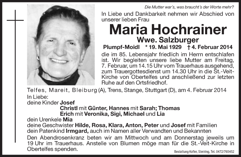  Traueranzeige für Maria Salzburger vom 05.02.2014 aus Dolomiten