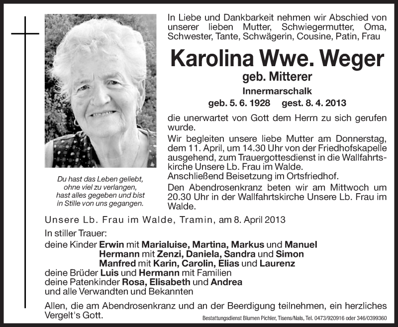  Traueranzeige für Karolina Weger vom 10.04.2013 aus Dolomiten