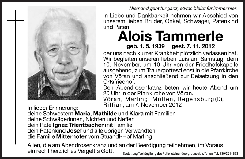  Traueranzeige für Alois Tarnmerle vom 09.11.2012 aus Dolomiten