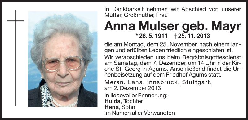  Traueranzeige für Anna Mulser vom 06.12.2013 aus Dolomiten