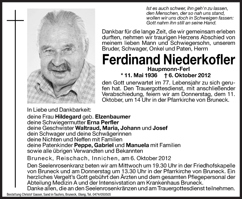  Traueranzeige für Ferdinand Niederkofler vom 10.10.2012 aus Dolomiten