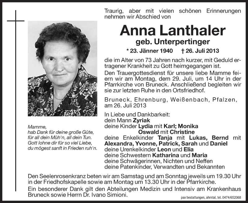  Traueranzeige für Anna Lanthaler vom 27.07.2013 aus Dolomiten