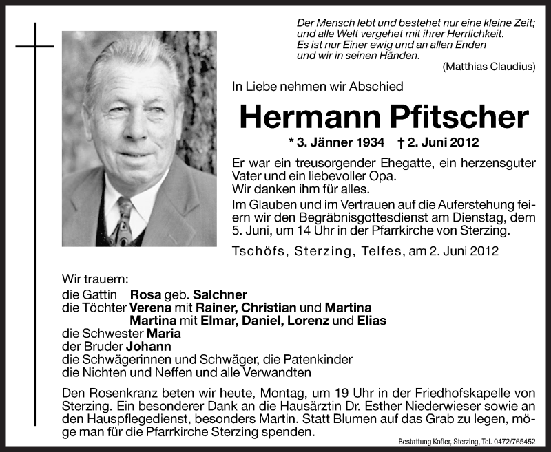  Traueranzeige für Hermann Pfitscher vom 04.06.2012 aus Dolomiten