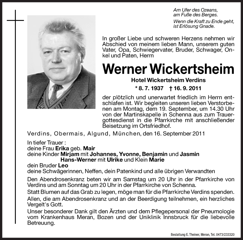  Traueranzeige für Werner Wickertsheim vom 17.09.2011 aus Dolomiten