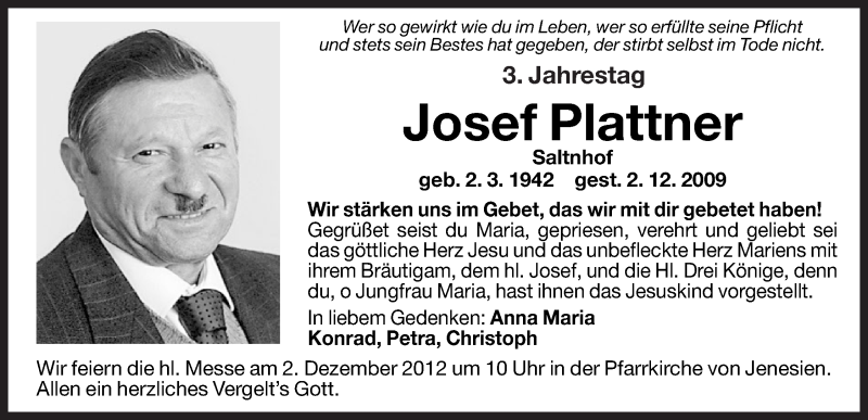  Traueranzeige für Josef Plattner vom 01.12.2012 aus Dolomiten