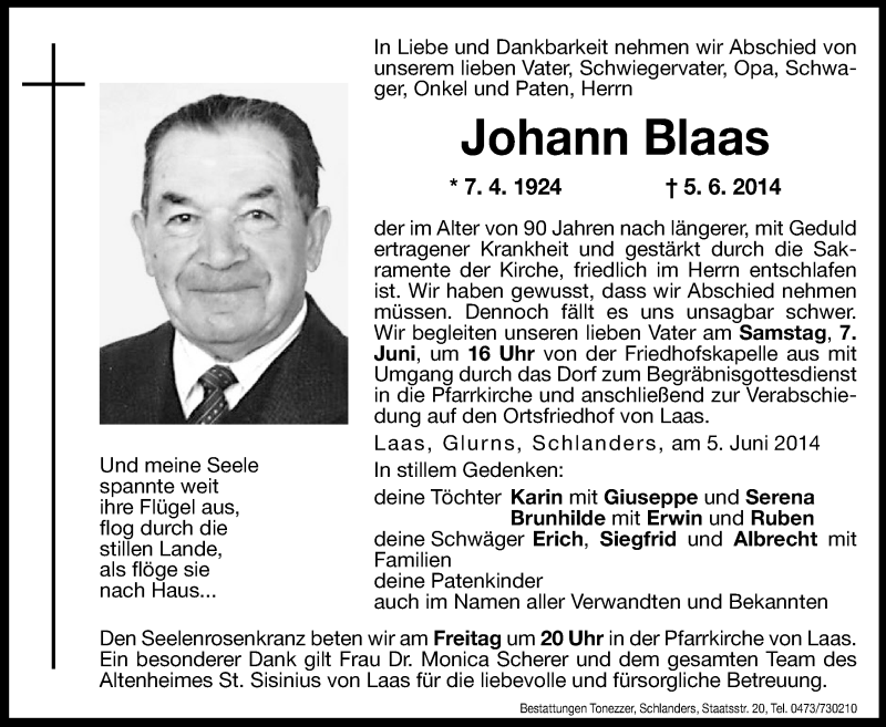  Traueranzeige für Johann Blaas vom 06.06.2014 aus Dolomiten