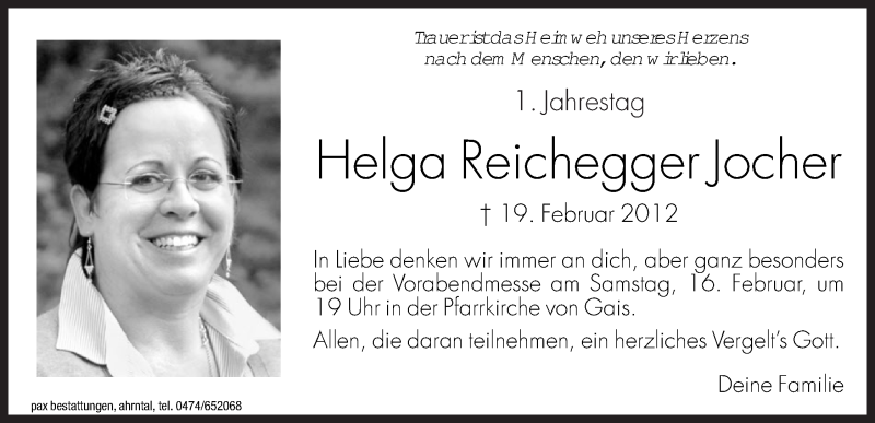  Traueranzeige für Helga Reichegger Jocher vom 15.02.2013 aus Dolomiten