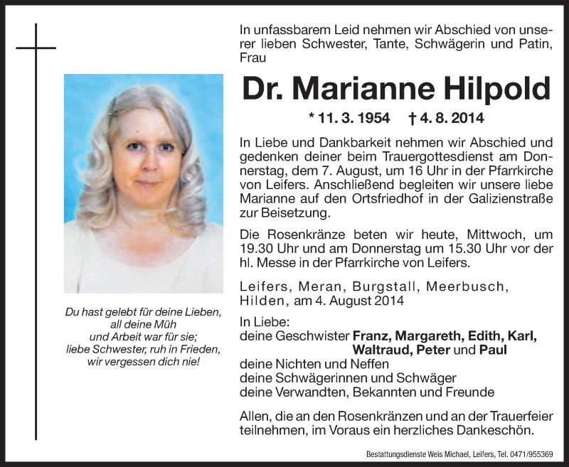  Traueranzeige für Marianne Hilpold vom 06.08.2014 aus Dolomiten