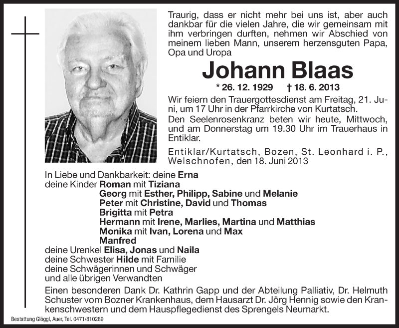  Traueranzeige für Johann Blass vom 19.06.2013 aus Dolomiten