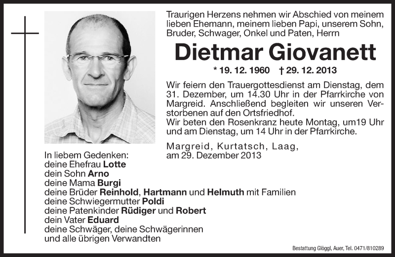  Traueranzeige für Dietmar Giovanett vom 30.12.2013 aus Dolomiten