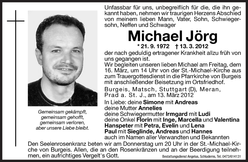  Traueranzeige für Michael Jörg vom 15.03.2012 aus Dolomiten