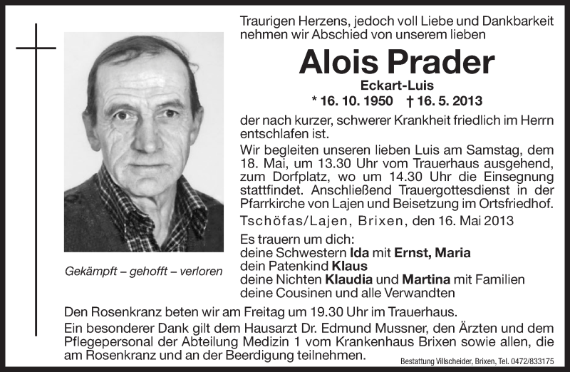  Traueranzeige für Alois Prader vom 17.05.2013 aus Dolomiten