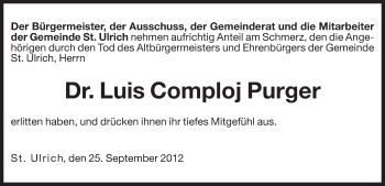 Traueranzeige von Luis Comploj Purger von Dolomiten