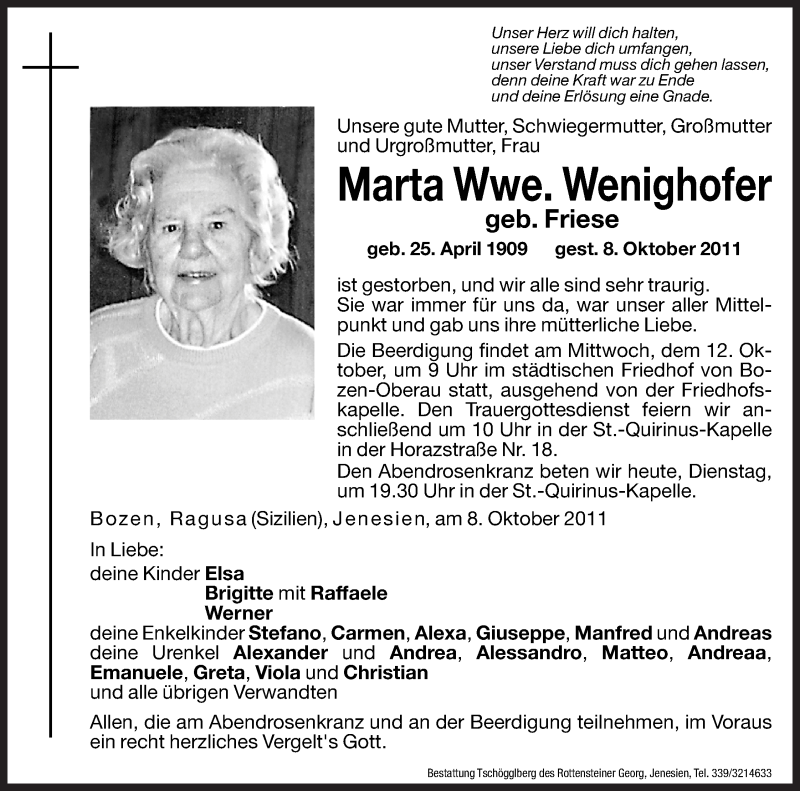  Traueranzeige für Marta Wenighofer vom 11.10.2011 aus Dolomiten