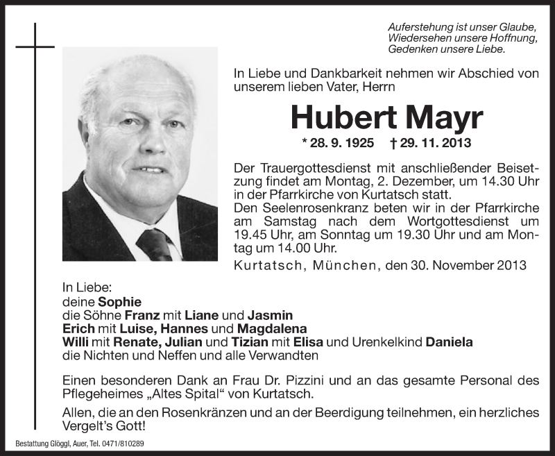  Traueranzeige für Hubert Mayr vom 30.11.2013 aus Dolomiten