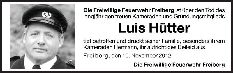  Traueranzeige für Luis Hütter vom 10.11.2012 aus Dolomiten