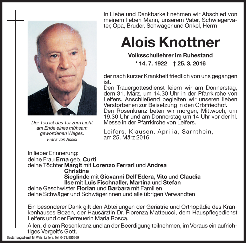  Traueranzeige für Alois Knottner vom 29.03.2016 aus Dolomiten