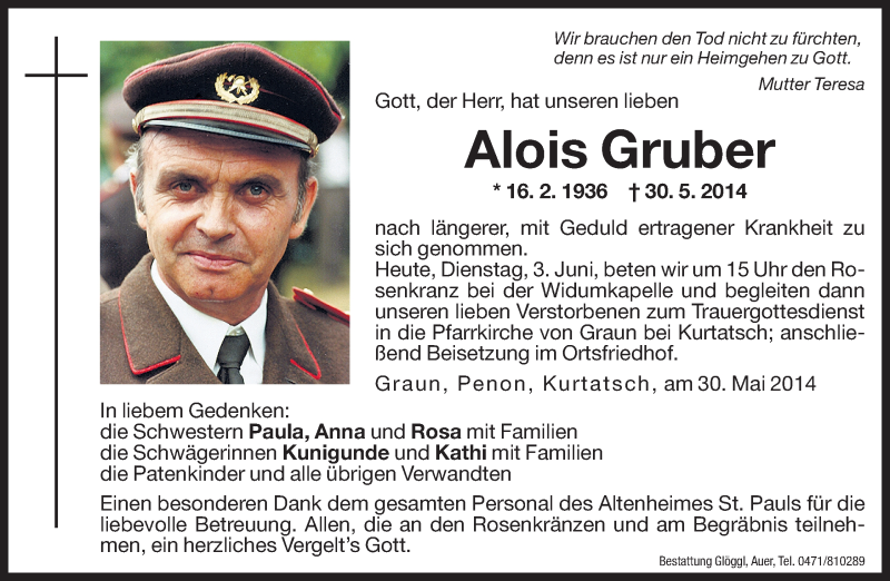  Traueranzeige für Alois Gruber vom 03.06.2014 aus Dolomiten