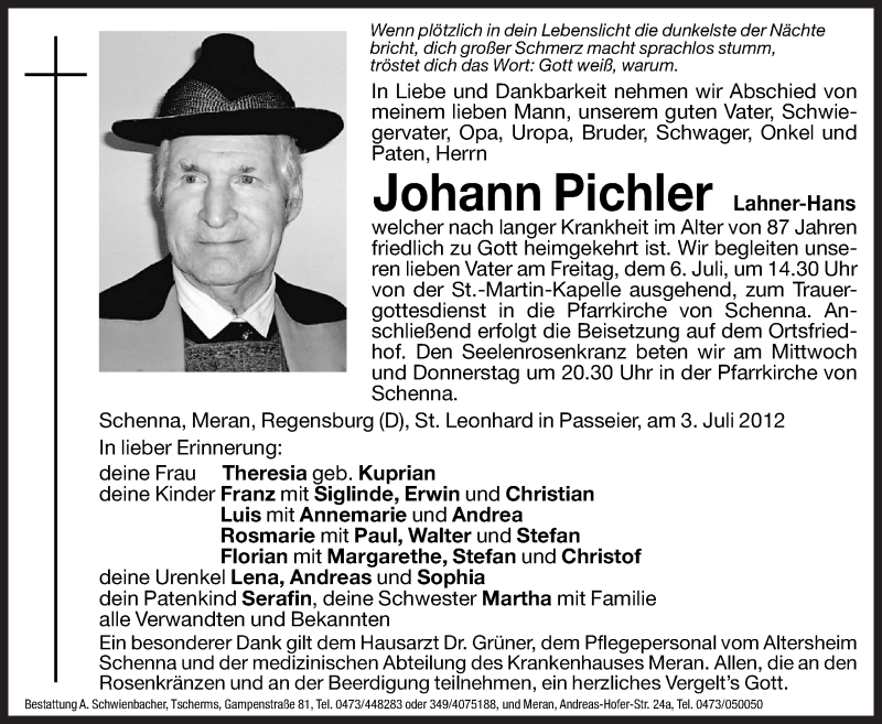  Traueranzeige für Johann Pichler vom 04.07.2012 aus Dolomiten