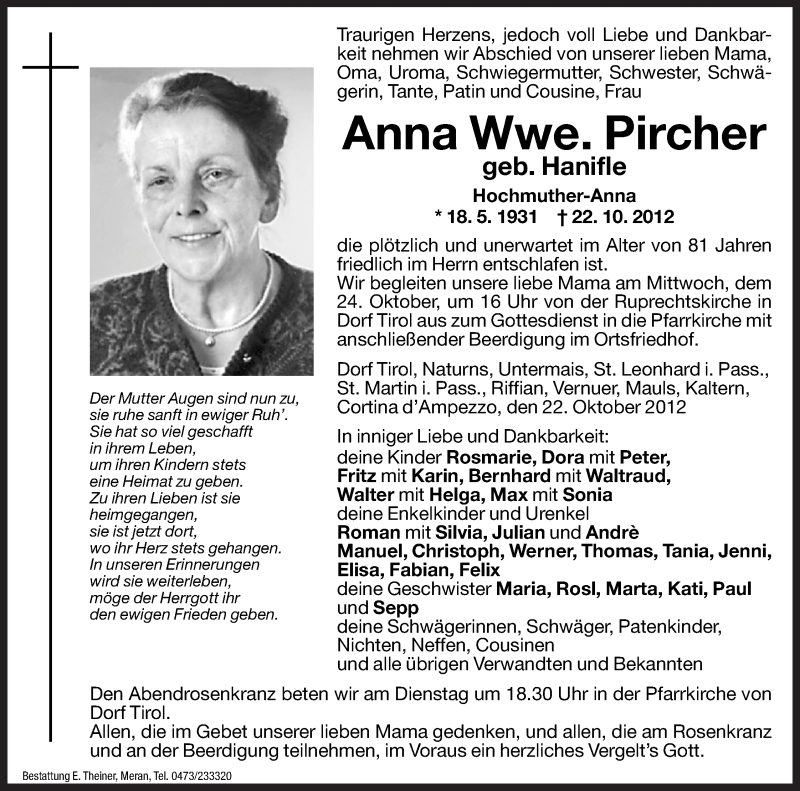  Traueranzeige für Anna Pircher vom 23.10.2012 aus Dolomiten