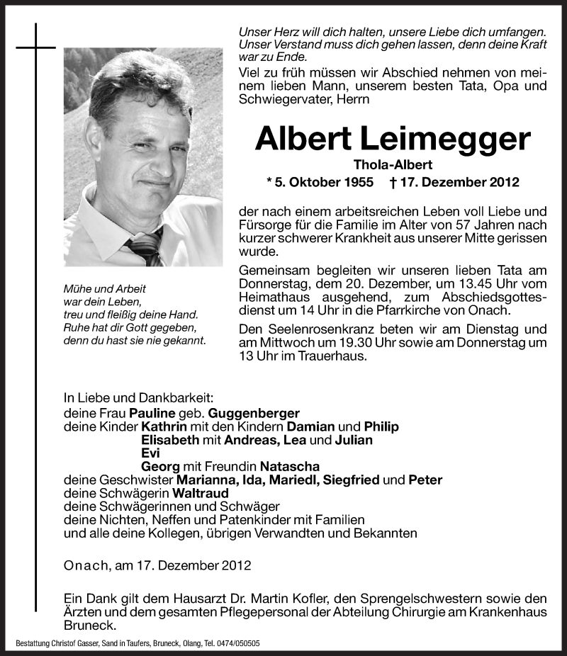  Traueranzeige für Albert Leimegger vom 19.12.2012 aus Dolomiten