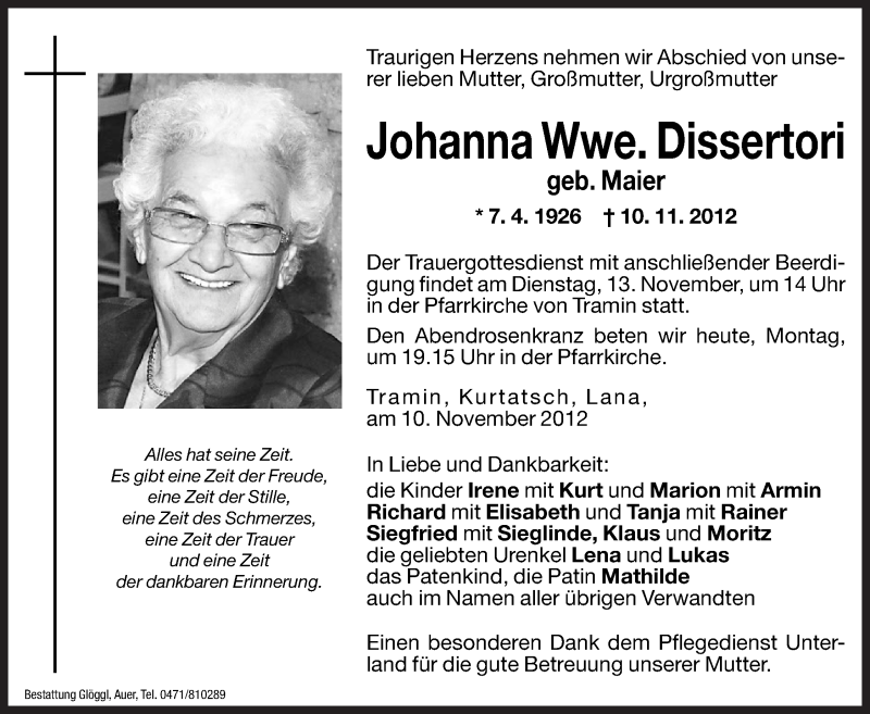  Traueranzeige für Johanna Dissertori vom 12.11.2012 aus Dolomiten