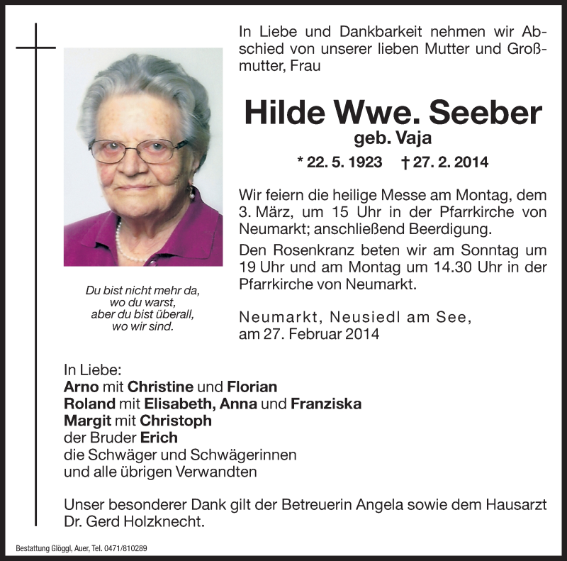 Traueranzeige für Hilde Seeber vom 01.03.2014 aus Dolomiten