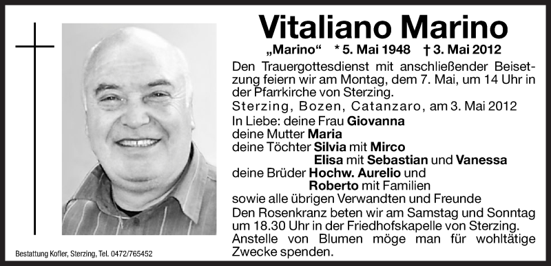  Traueranzeige für Vitaliano Marino vom 05.05.2012 aus Dolomiten