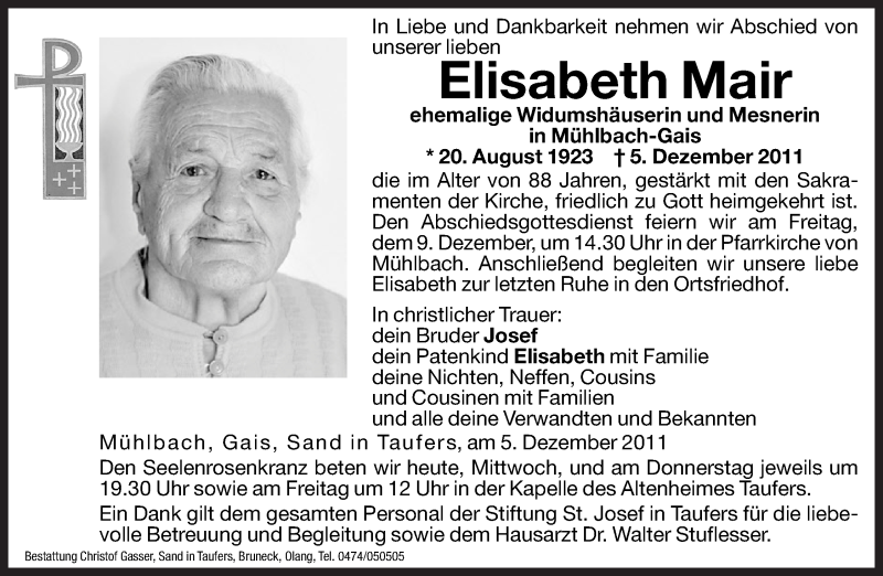  Traueranzeige für Elisabeth Mair vom 07.12.2011 aus Dolomiten