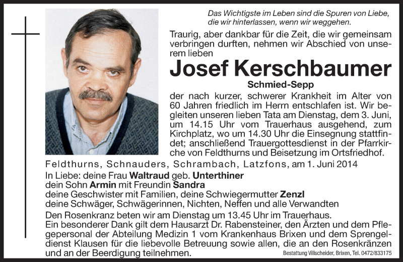  Traueranzeige für Josef Kerschbaumer vom 03.06.2014 aus Dolomiten