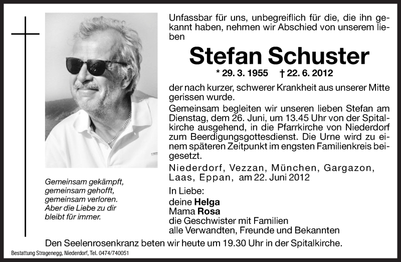  Traueranzeige für Stefan Schuster vom 25.06.2012 aus Dolomiten