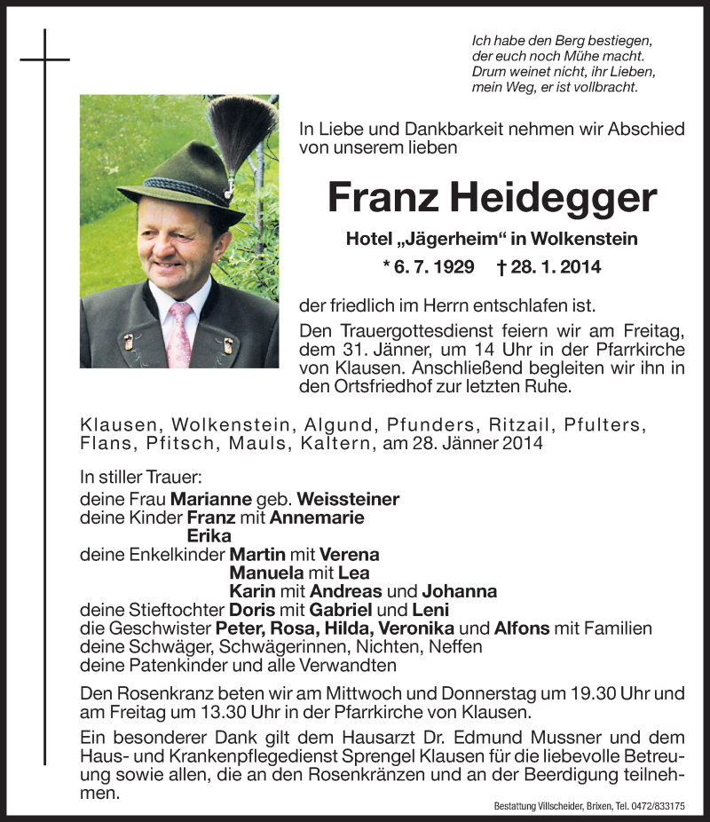  Traueranzeige für Franz Heidegger vom 29.01.2014 aus Dolomiten