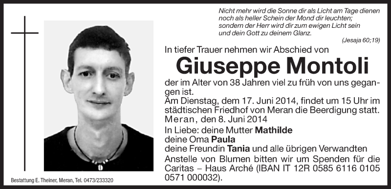  Traueranzeige für Giuseppe Montoli vom 14.06.2014 aus Dolomiten