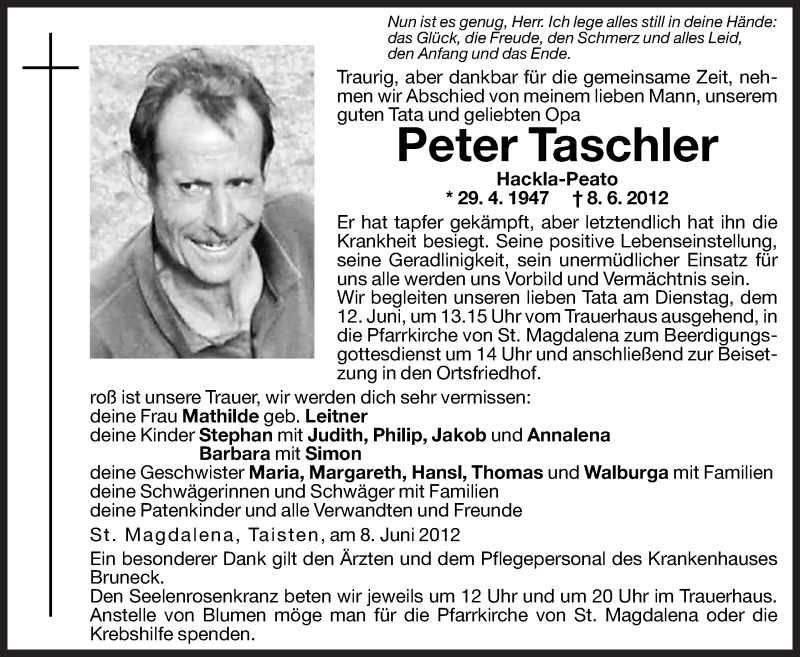  Traueranzeige für Peter Taschler vom 11.06.2012 aus Dolomiten