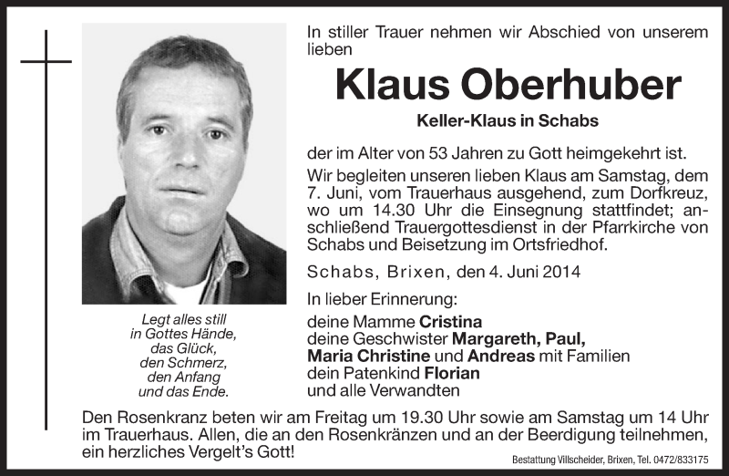  Traueranzeige für Klaus Oberhuber vom 06.06.2014 aus Dolomiten