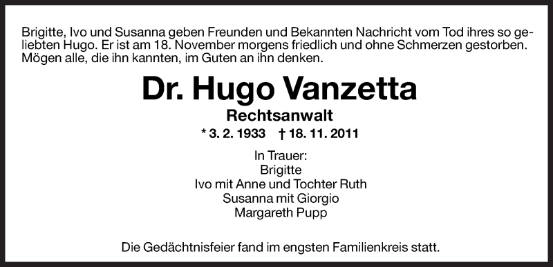  Traueranzeige für Hugo Vanzetta vom 22.11.2011 aus Dolomiten