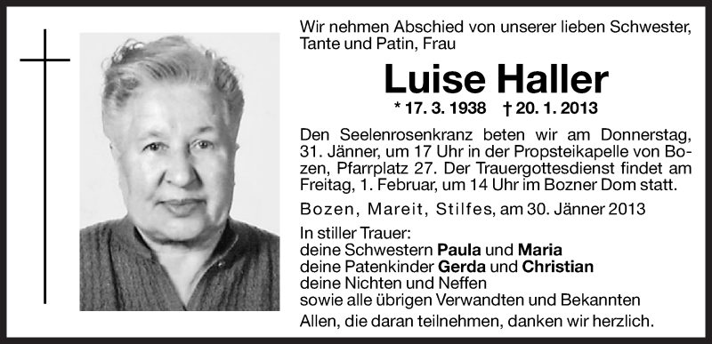  Traueranzeige für Luise Haller vom 30.01.2013 aus Dolomiten