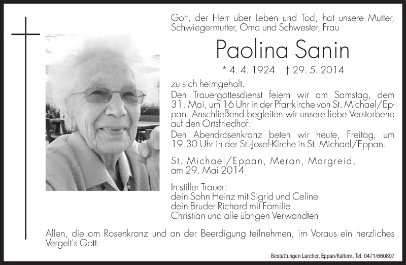  Traueranzeige für Paolina Sanin vom 30.05.2014 aus Dolomiten