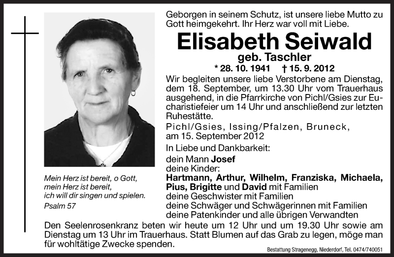  Traueranzeige für Elisabeth Seiwald vom 17.09.2012 aus Dolomiten