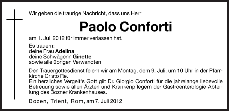  Traueranzeige für Paolo Conforti vom 07.07.2012 aus Dolomiten