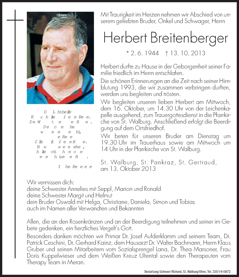  Traueranzeige für Herbert Breitenberger vom 15.10.2013 aus Dolomiten