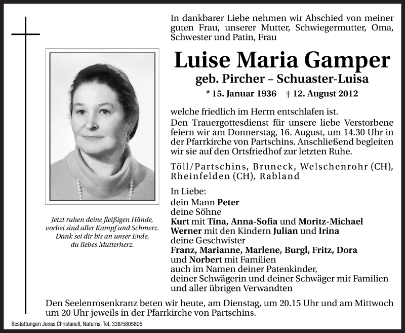  Traueranzeige für Luise Maria Gamper vom 14.08.2012 aus Dolomiten