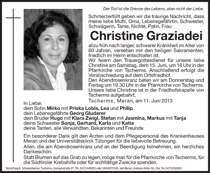  Traueranzeige für Christine Graziadei vom 13.06.2013 aus Dolomiten