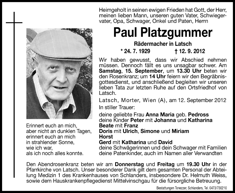  Traueranzeige für Paul Platzgummer vom 13.09.2012 aus Dolomiten