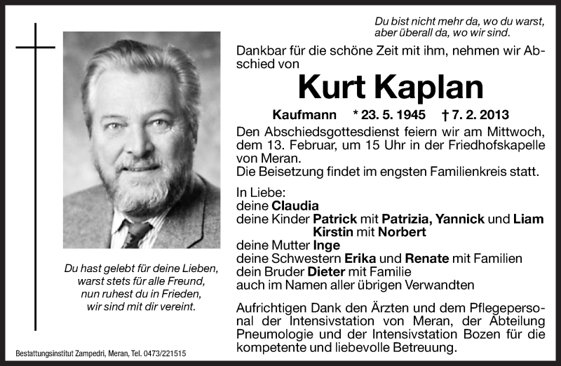  Traueranzeige für Kurt Kaplan vom 11.02.2013 aus Dolomiten