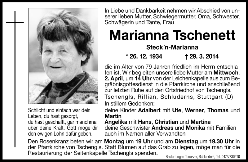  Traueranzeige für Marianna Tschenett vom 31.03.2014 aus Dolomiten